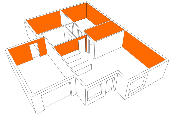 Image showing a cut away three-dimensional drawing of a single storey house. The internal faces of three of the external walls and two internal walls are coloured orange to show where plasterboard may be located that is contributing to the bracing of the building. 