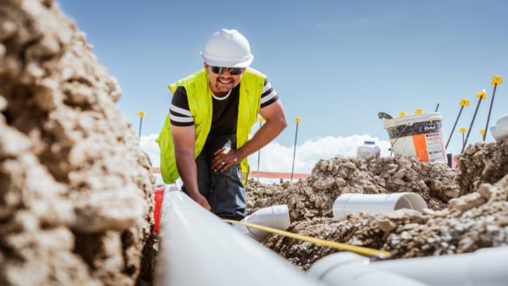 Drainlayer measuring up pvc drainage pipes onsite.