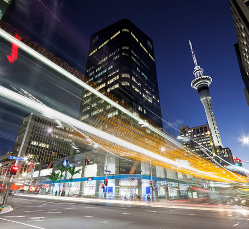 Downtown Auckland at night with Skycity in background