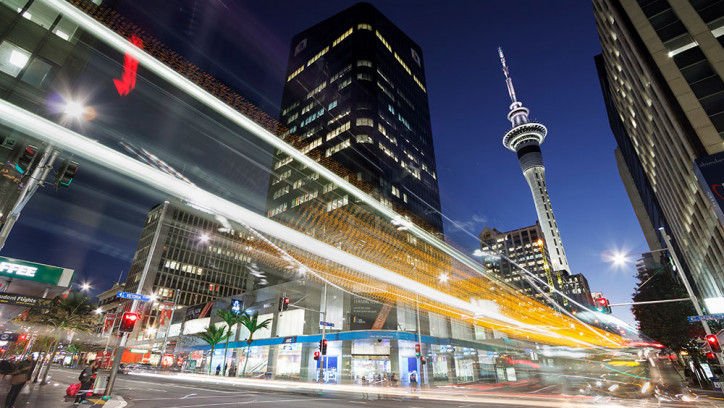 Downtown Auckland at night with Skycity in background