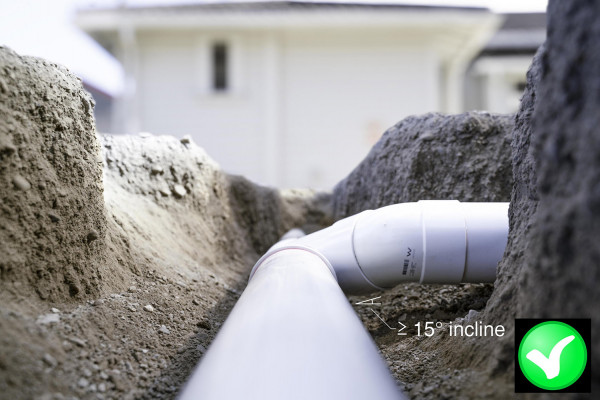 Reduce drain blockages installed 15 degree incline above horizontal DN100 drain with 45° 'Y' junction installed with a ≥15° incline above horizontal.