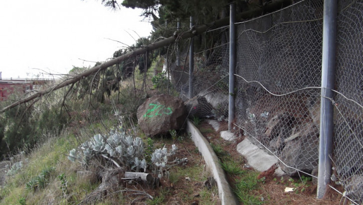 Rockfall barrier on a hillside