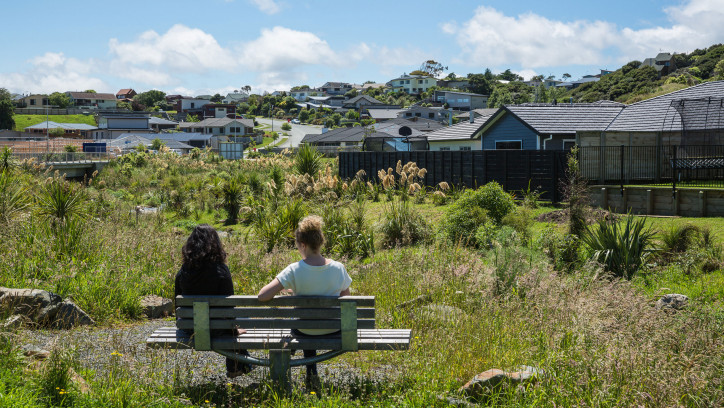 Two women on a park bench in a sub division