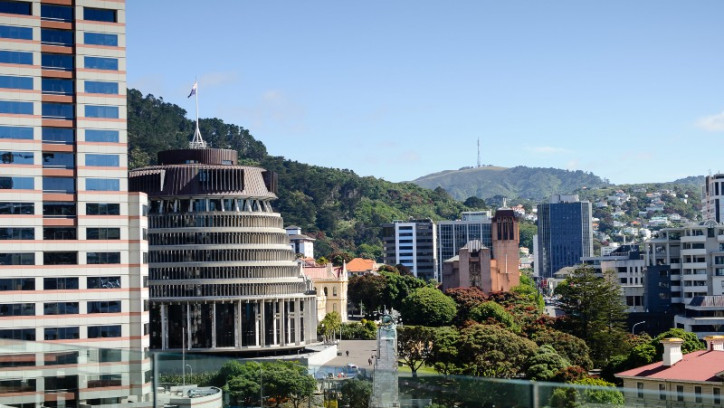 A view of inner Wellington City looking out at the Beehive