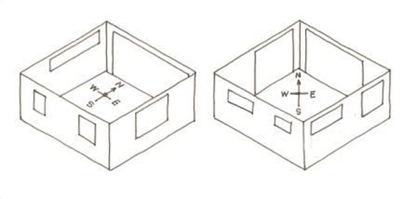 Illustration of two rooms and their window placement in order to get the most sun. One of the rooms has a north-facing wall. This wall has a large window to get the sun. The other room does not have a north-facing wall (one of the corners is facing north. In this room, windows are placed on either side of the north-facing corner to capture the sun.