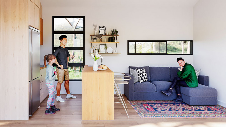 Family in modern tiny house