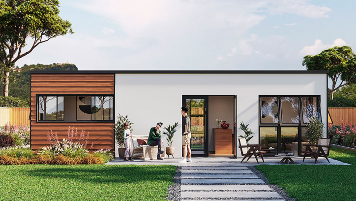 Family outside modern tiny house