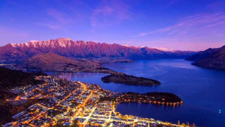 Aerial view of Queenstown downtown at dusk twilight