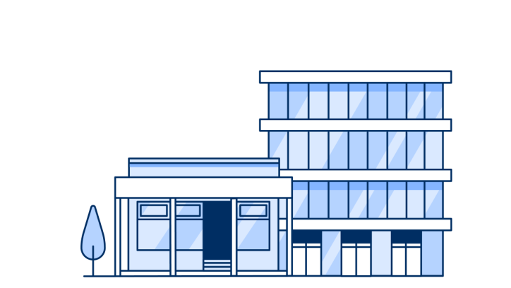 Blue and white illustration of an office building next to a shopfront