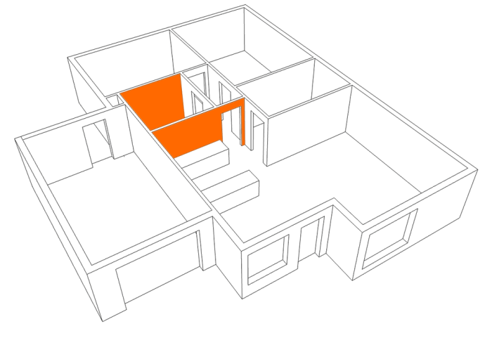 Image showing a cut away three-dimensional drawing of a single storey house. The internal face of a wall in the kitchen and a wall in the bathroom are coloured orange to show where plasterboard may be splashed by water.