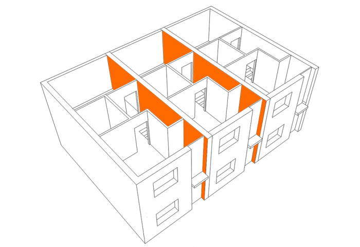 Image of a cut away three-dimensional drawing of three connected two storey townhouses. The internal faces of the walls between the different townhouses, i.e. intertenancy walls, are coloured orange to show where plasterboard may be located that is contributing to the fire-resistant rating and soundproofing of the building.