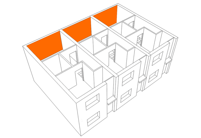 Image of cut away three-dimensional drawing of three connected two storey townhouses. The internal faces of the rear walls are coloured orange to show where plasterboard may be located that is contributing to the fire-resistant rating of the building.