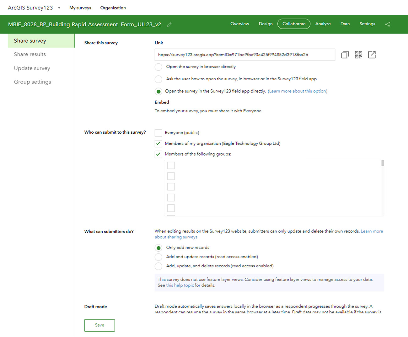 Configuring Sharing Settings Image 2: Screenshot of survey in preview mode in ArcGIS Survey123