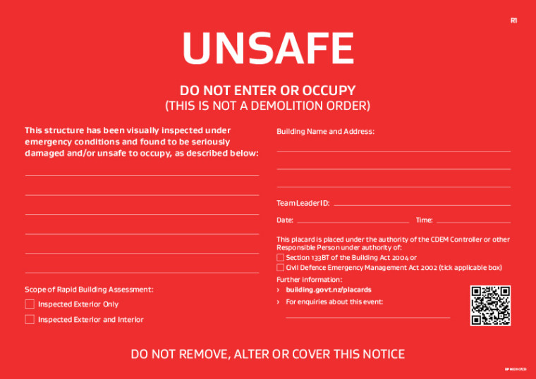An image showing a rapid building assessment red placard - building is unsafe.
