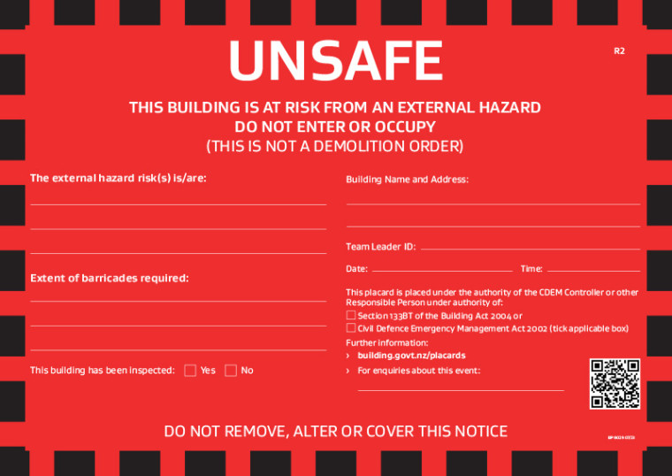 An image showing a rapid building assessment red placard - building is at risk from an external hazard.