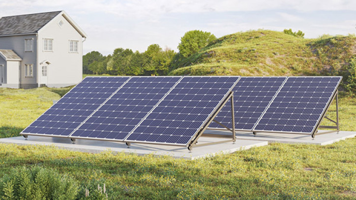 Array of solar panels at ground level