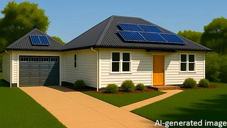 AI-generated of solar panels mounted on the rooves of a house and attached garage