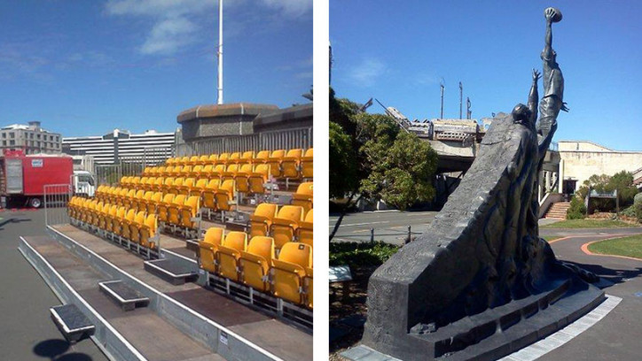 Temporary outdoor event seating and a statue