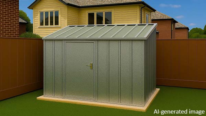 AI-generated image of small shed in corner of residential yard.