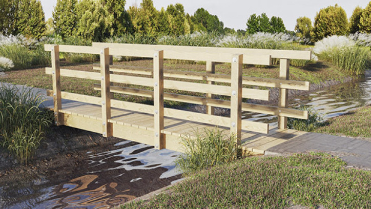 Short wooden footbridge with hand rails over stream