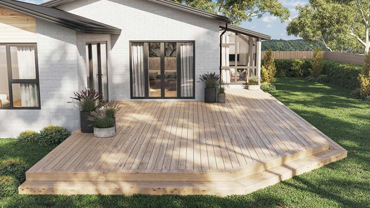 Exterior of house with large ground-level deck